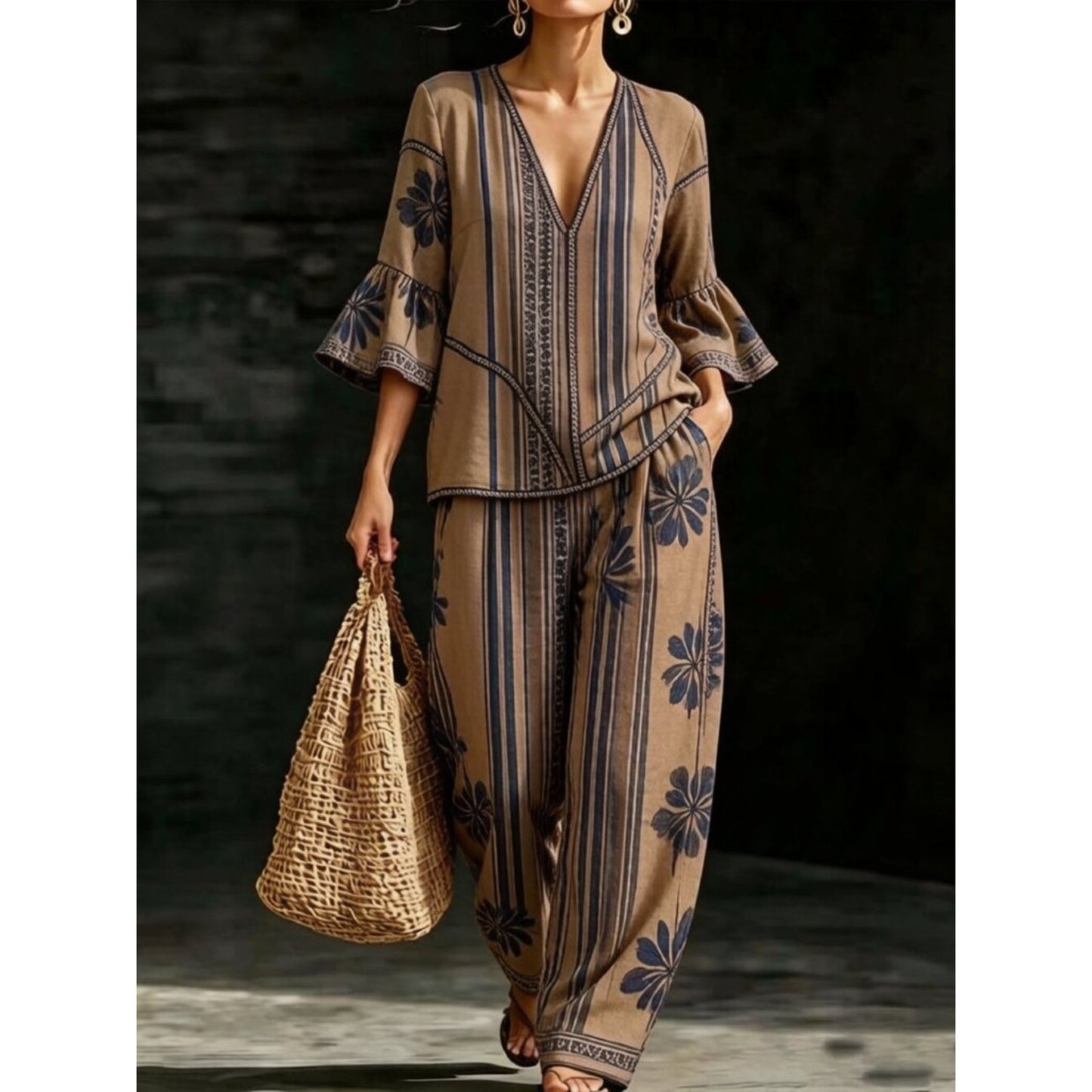 Boho Floral Stripe Bell Sleeve Wide Leg 2-Piece Pantsuit