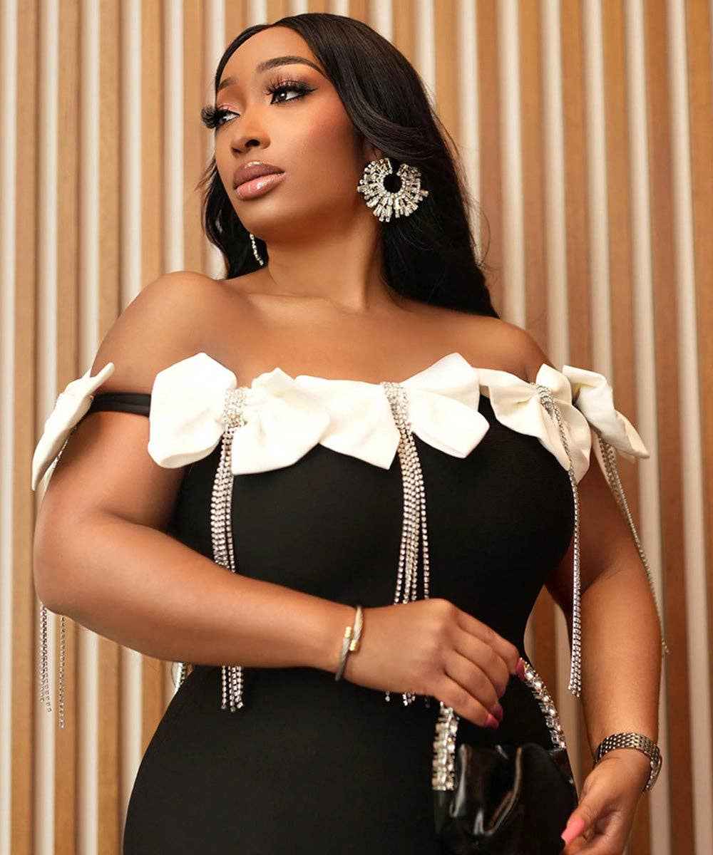 WHITE BOW BROOCH DRESS FOR GLAMOROUS AND SOPHISTICATED