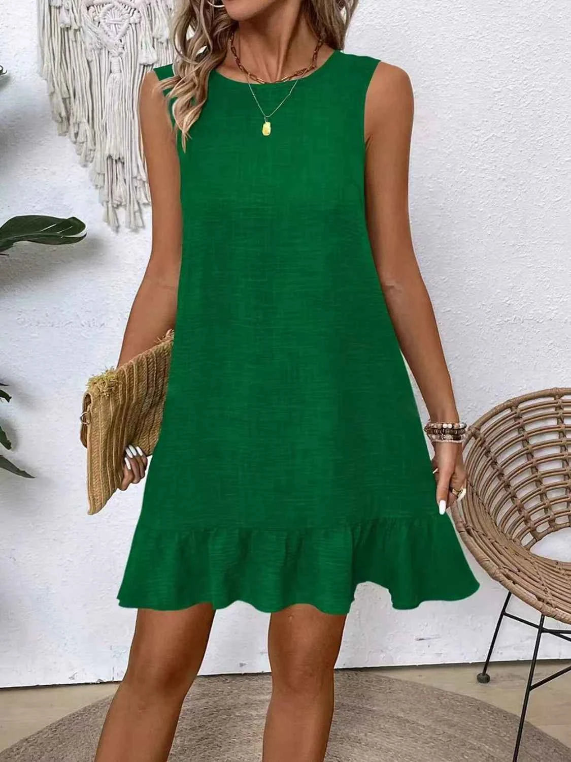 Ruffled Hem Round Neck Sleeveless Dress
