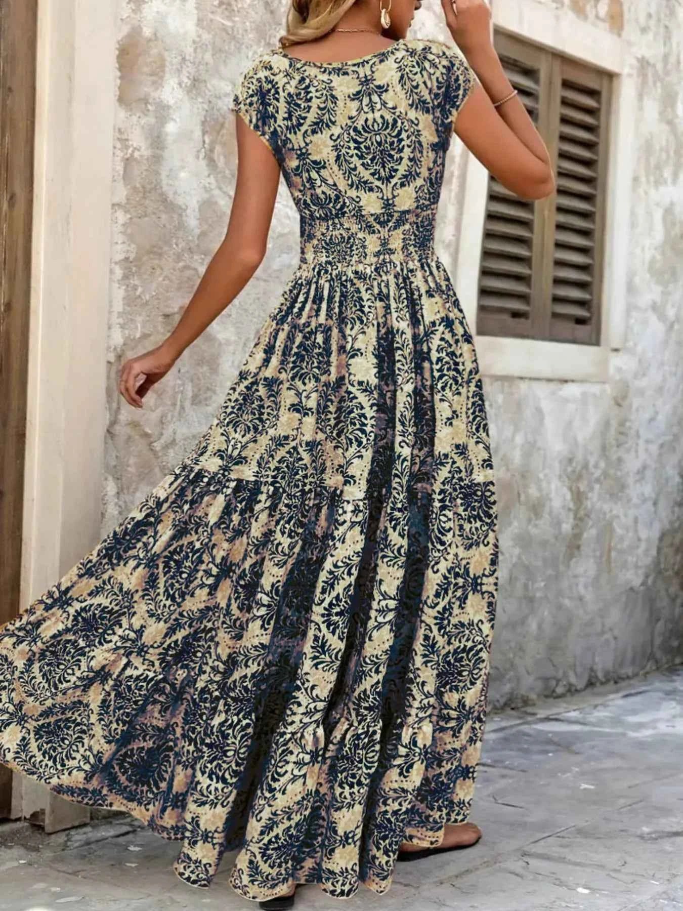 Printed V-Neck Cap Sleeve Maxi Dress
