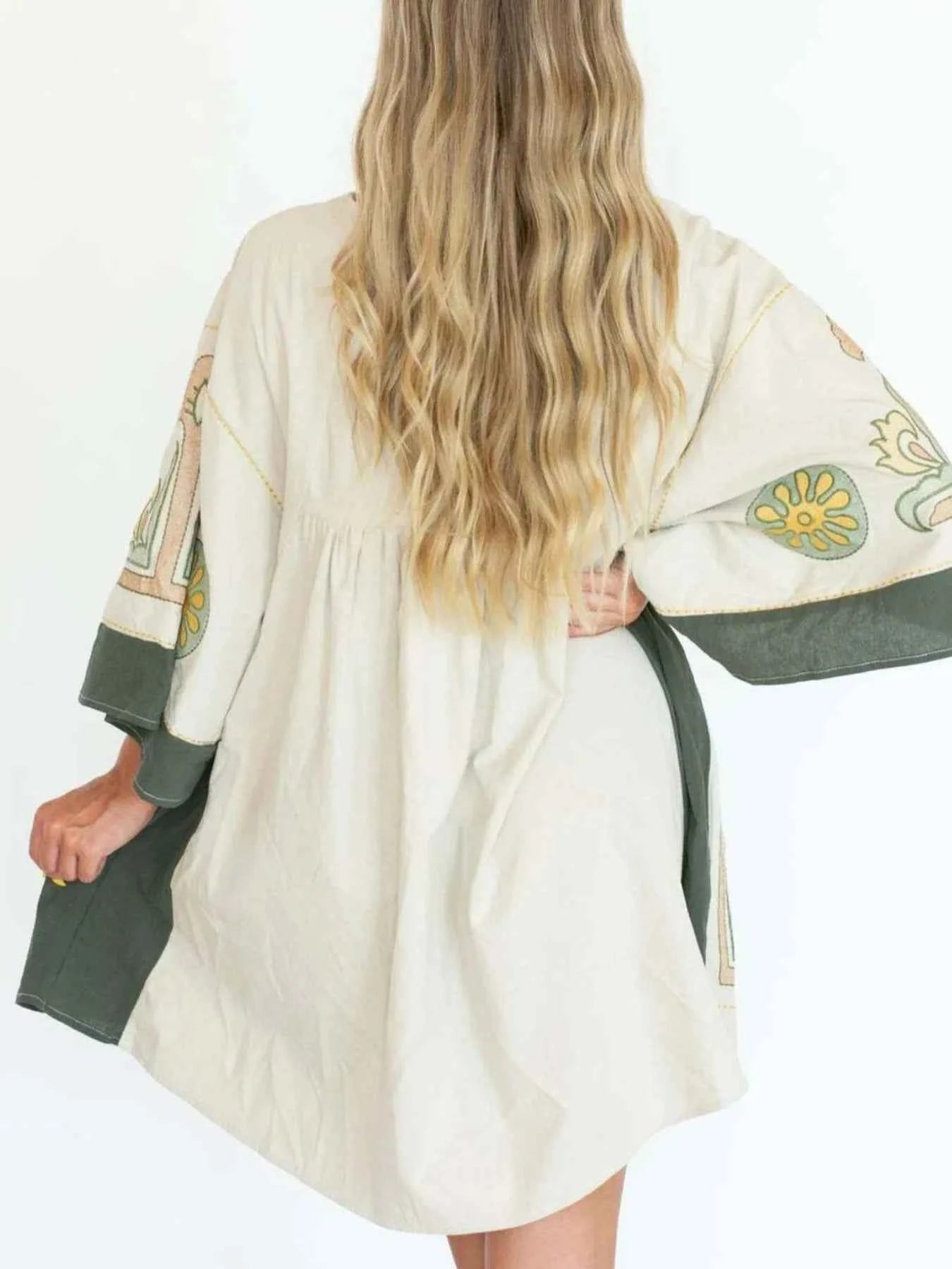 Printed V-Neck Kimono Sleeve Mini Dress