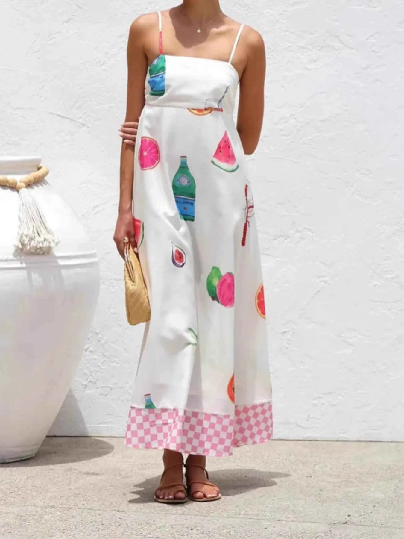 Printed Checkered Hem Cami Midi Dress