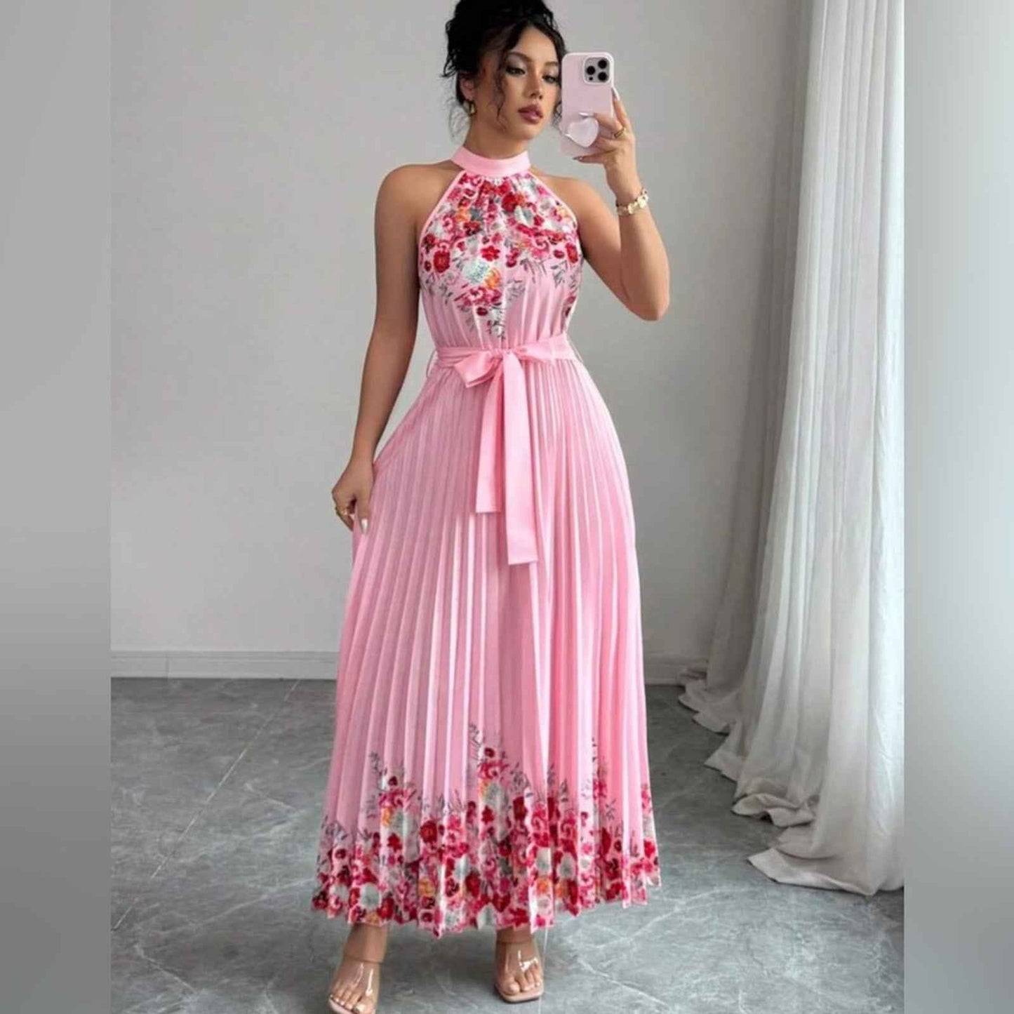 Blush Pink Pleated Floral Halter Dress | Wedding Guest Party Maxi Dress