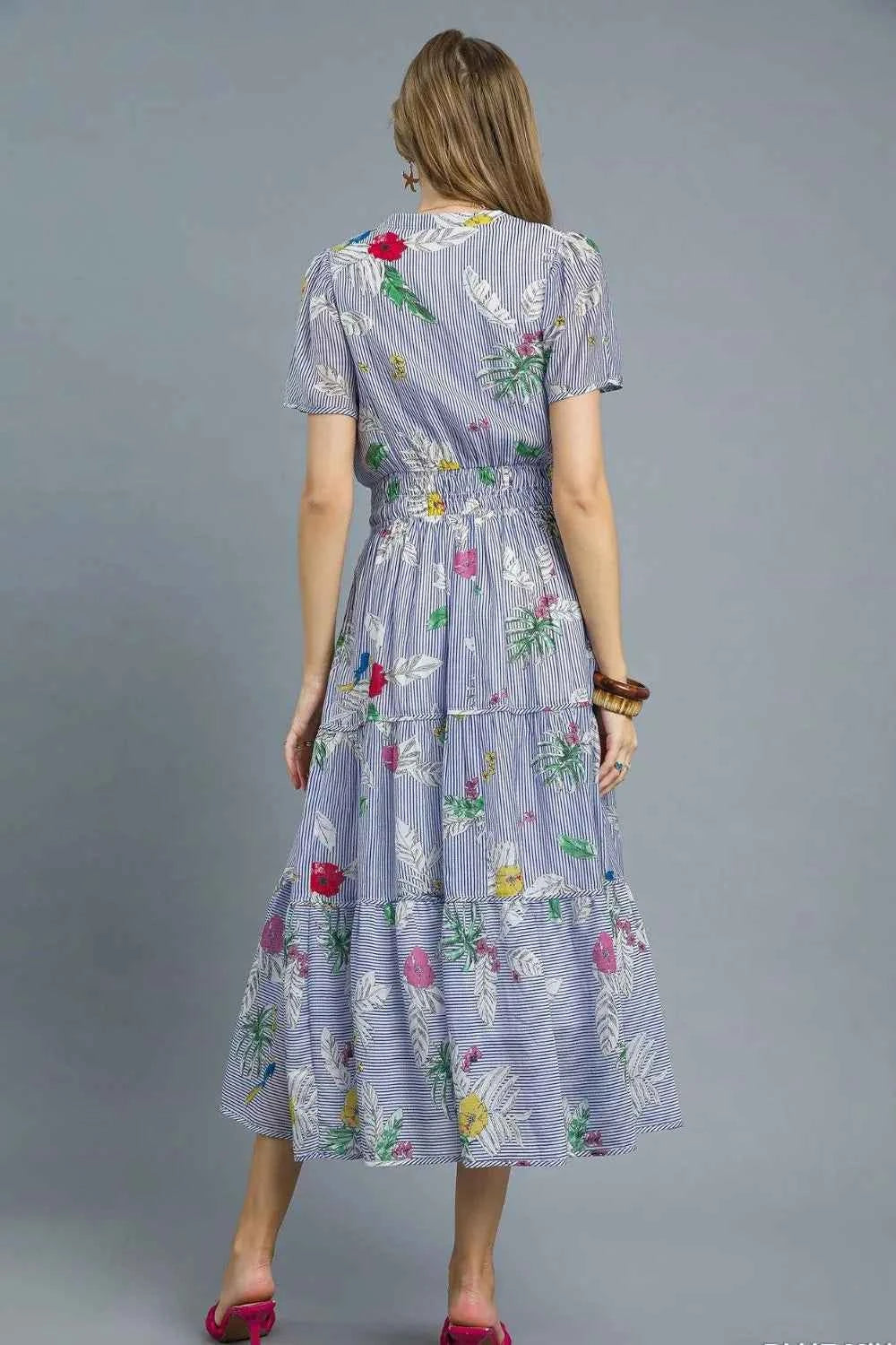 Umgee Smocked Waist Floral Short Sleeve Midi Dress