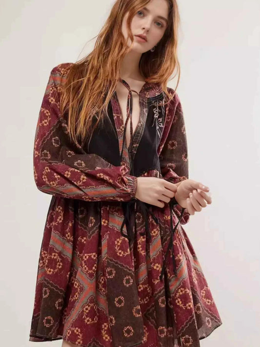 Printed Tie Neck Long Sleeve Dress