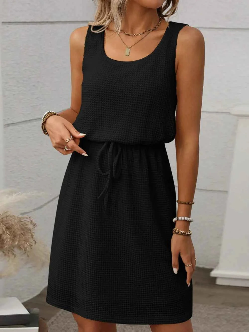 Waffle-Knit Drawstring Mini Tank Dress