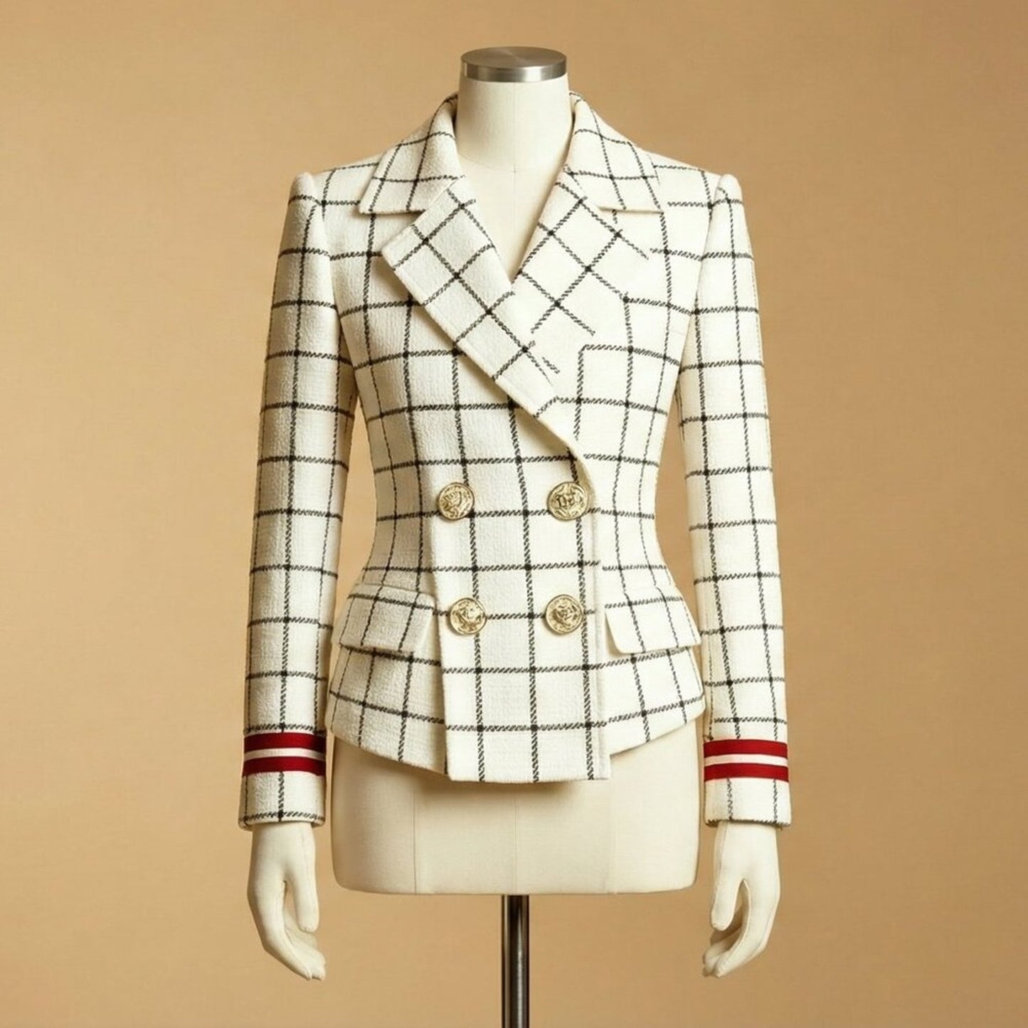White Windowpane Check Double-Breasted Blazer | Gold Buttons + Red Cuff Stripes