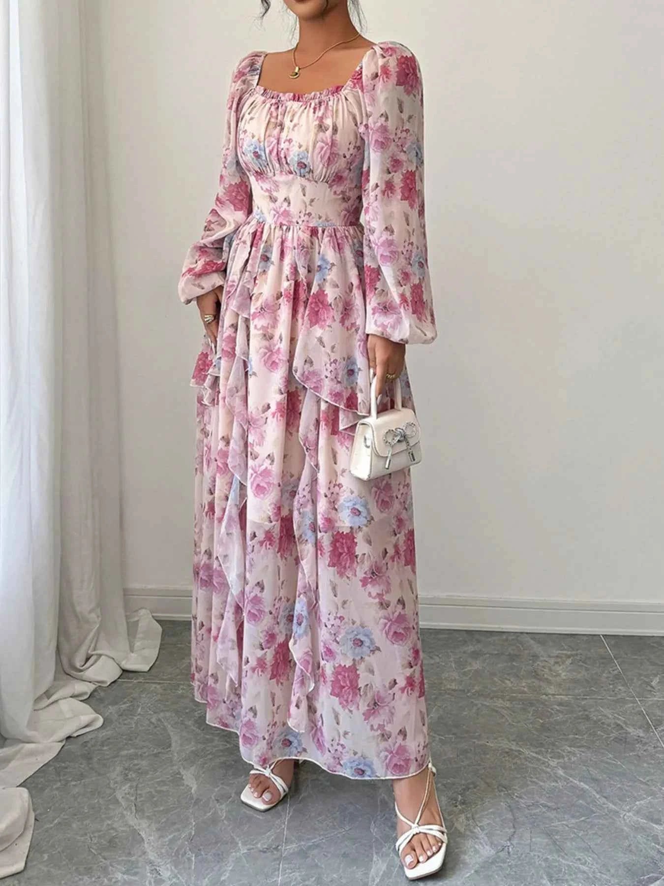 Ruffled Floral Print Balloon Sleeve Maxi Dress
