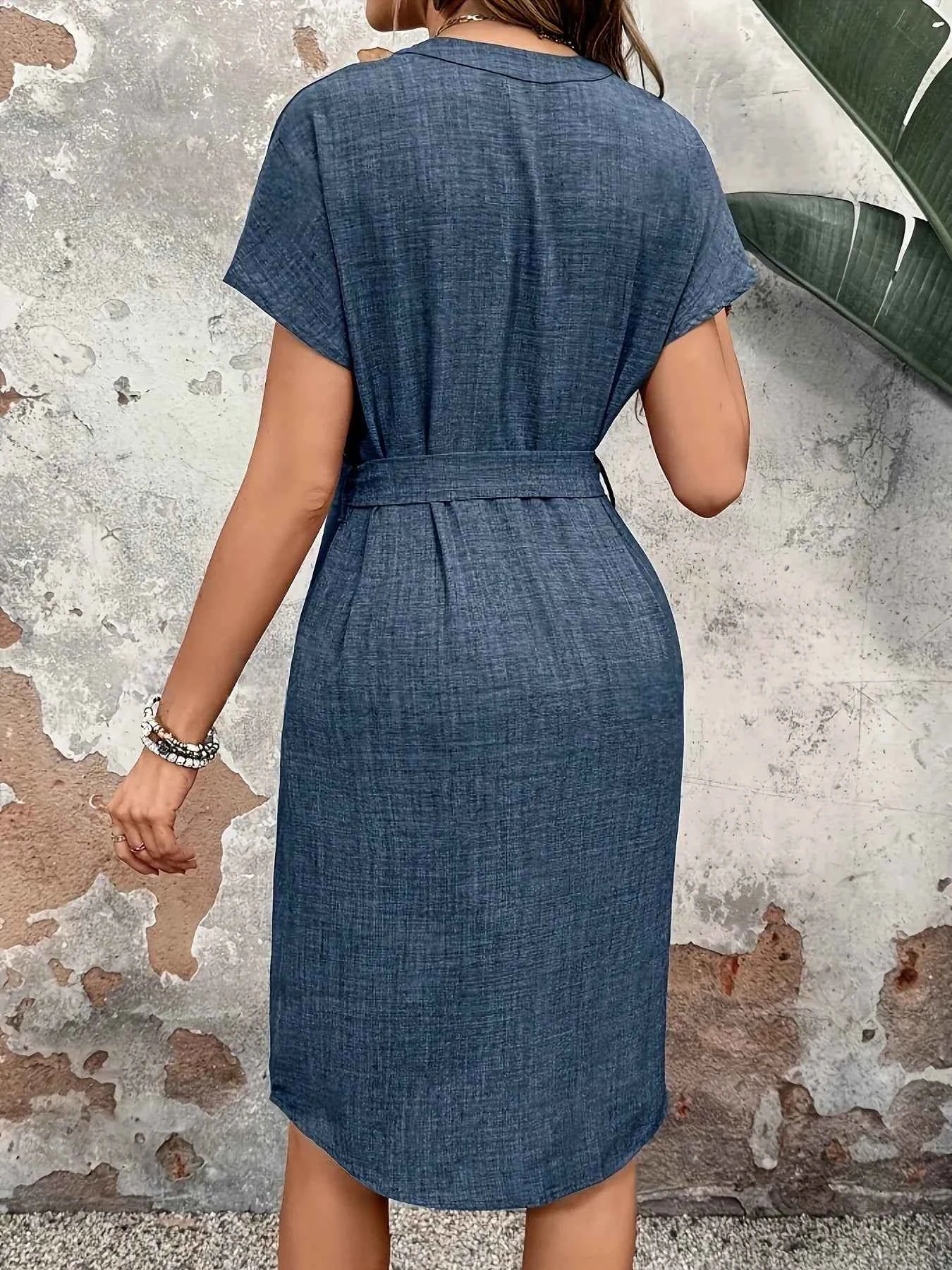 Textured Notched Tie-Waist Dress
