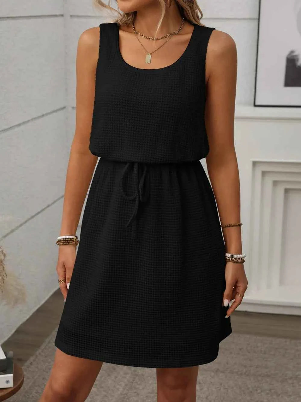 Waffle-Knit Drawstring Mini Tank Dress