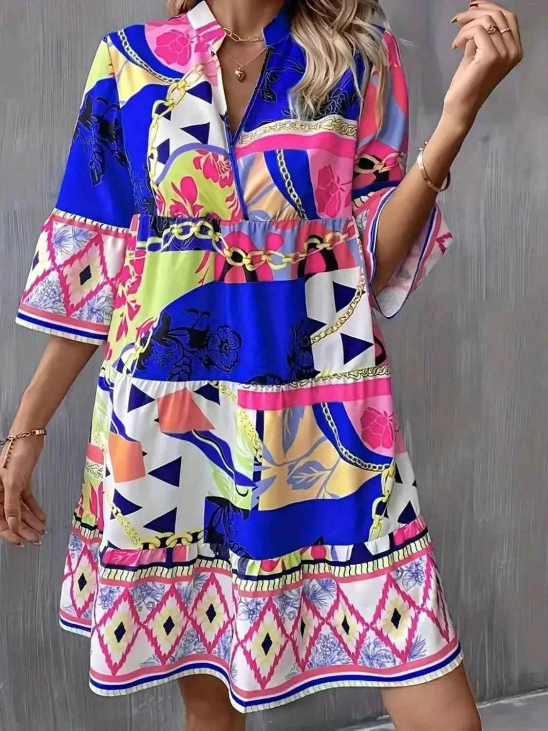 Printed Notched 3/4 Sleeve Tiered Dress