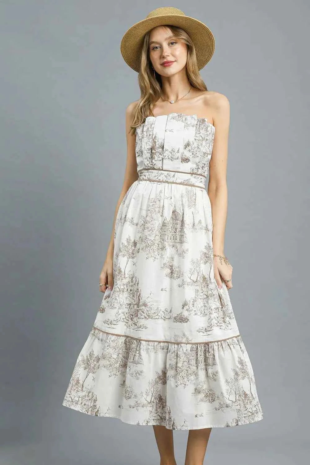 Umgee Printed Tiered Tube Midi Dress