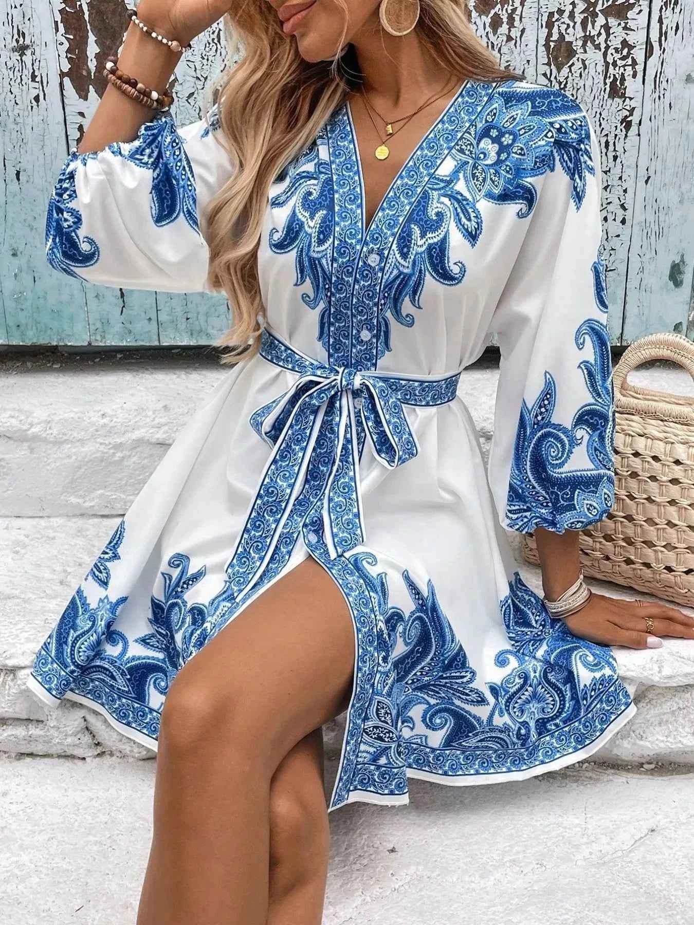 Printed V-Neck Balloon Sleeve Mini Dress