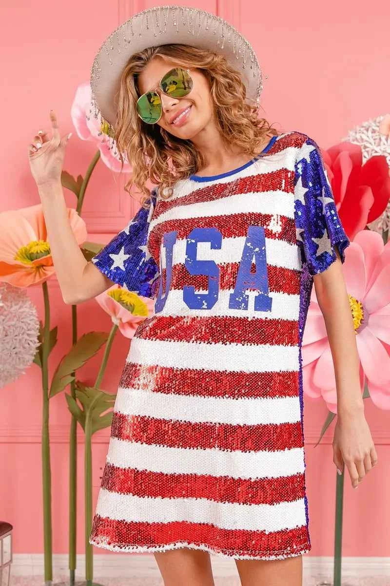 BiBi American Flag Theme Usa Print Sequin Dress