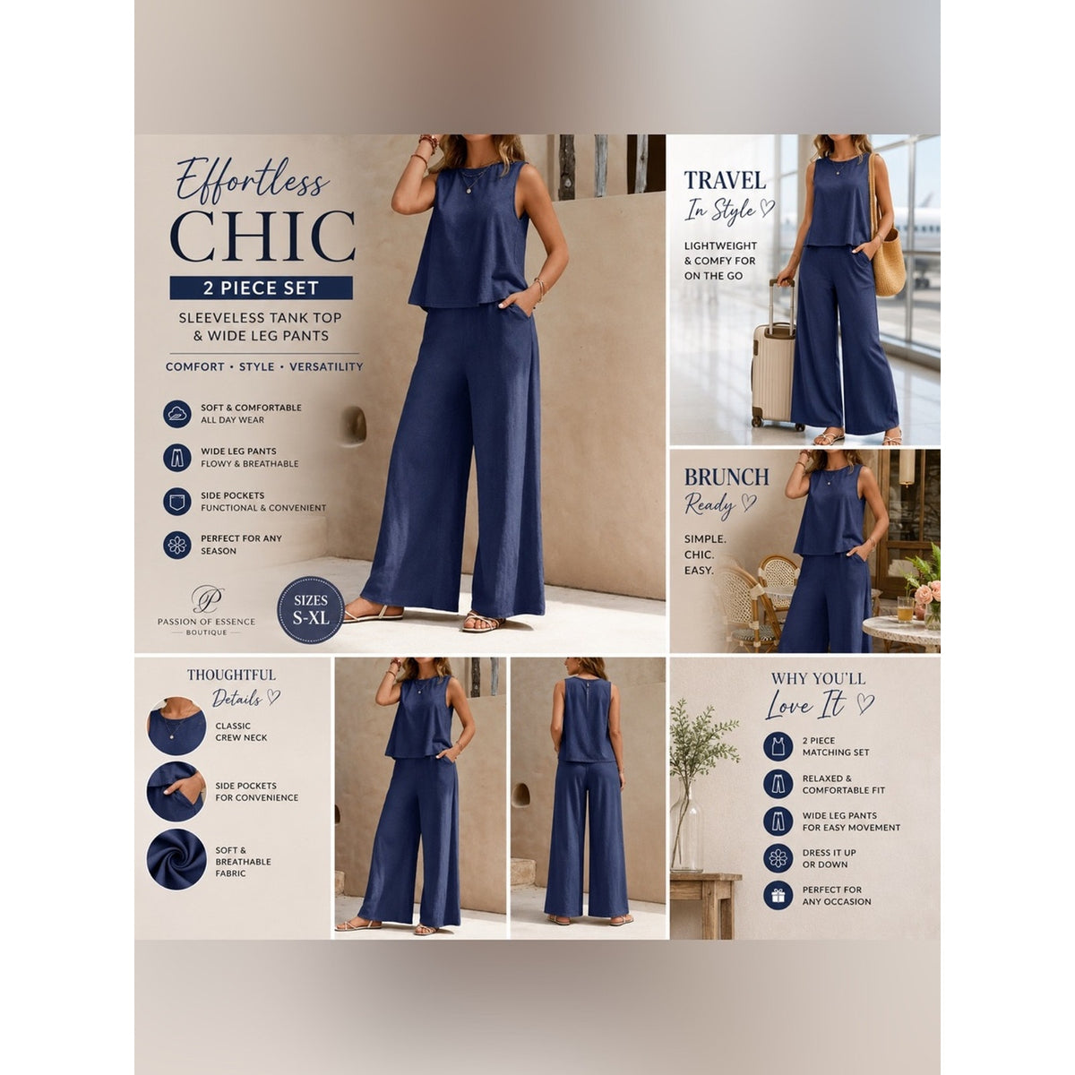 Navy Blue Sleeveless Wide Leg Pants 2 Piece Matching Set XL