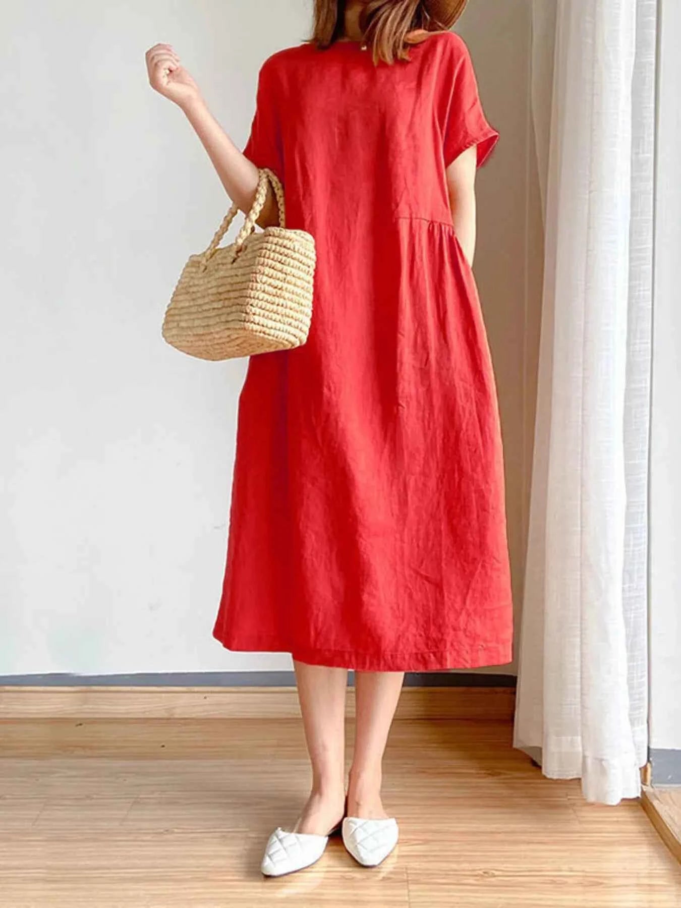 Full Size Casual Round Neck Midi Dress Plus Size