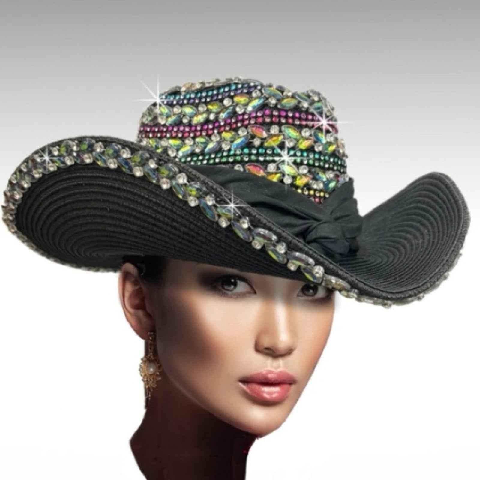 Black Embellished Women\'s Fashion Hat with Crystal Accent Ebony Crystal Hat in Black – Natalie Mills main image 3