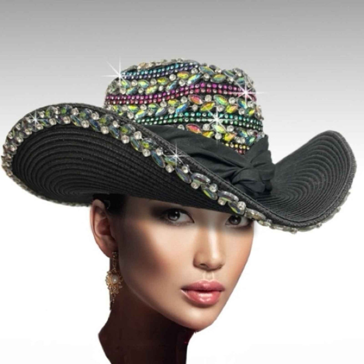 Embellished Black Hat with Multicolor Accents