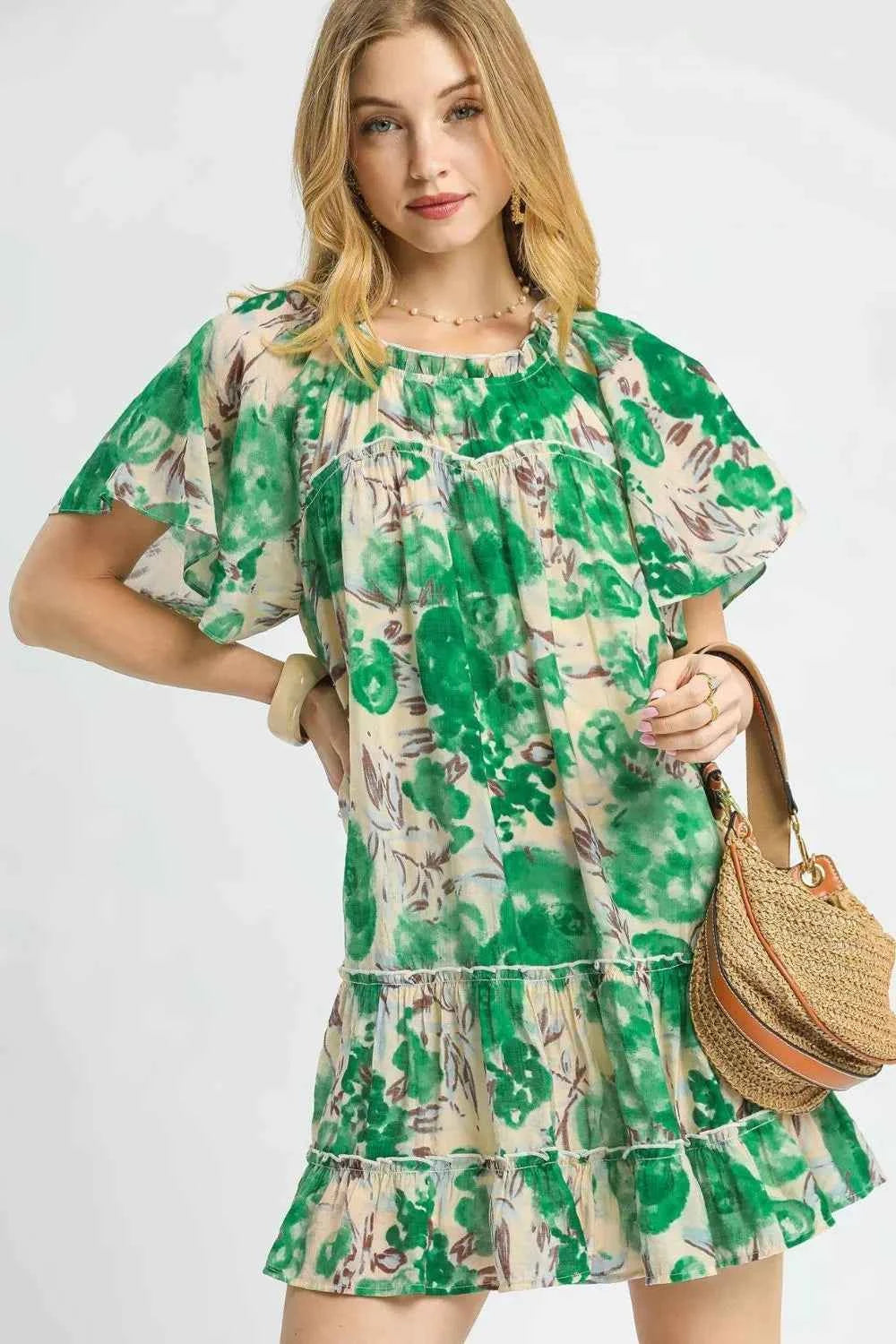 Umgee Printed Ruffle Hem Tiered Short Sleeve Dress