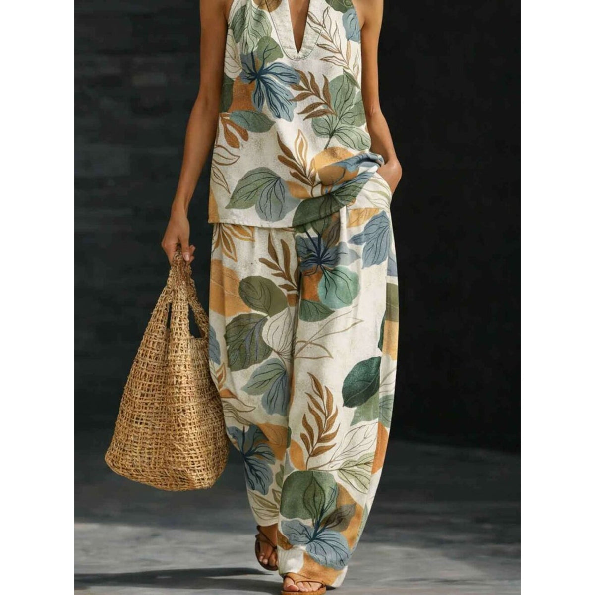 Tropical Leaf Print 2-Piece Set Halter V-Neck Top +Wide-Leg Pants Relaxed Resort