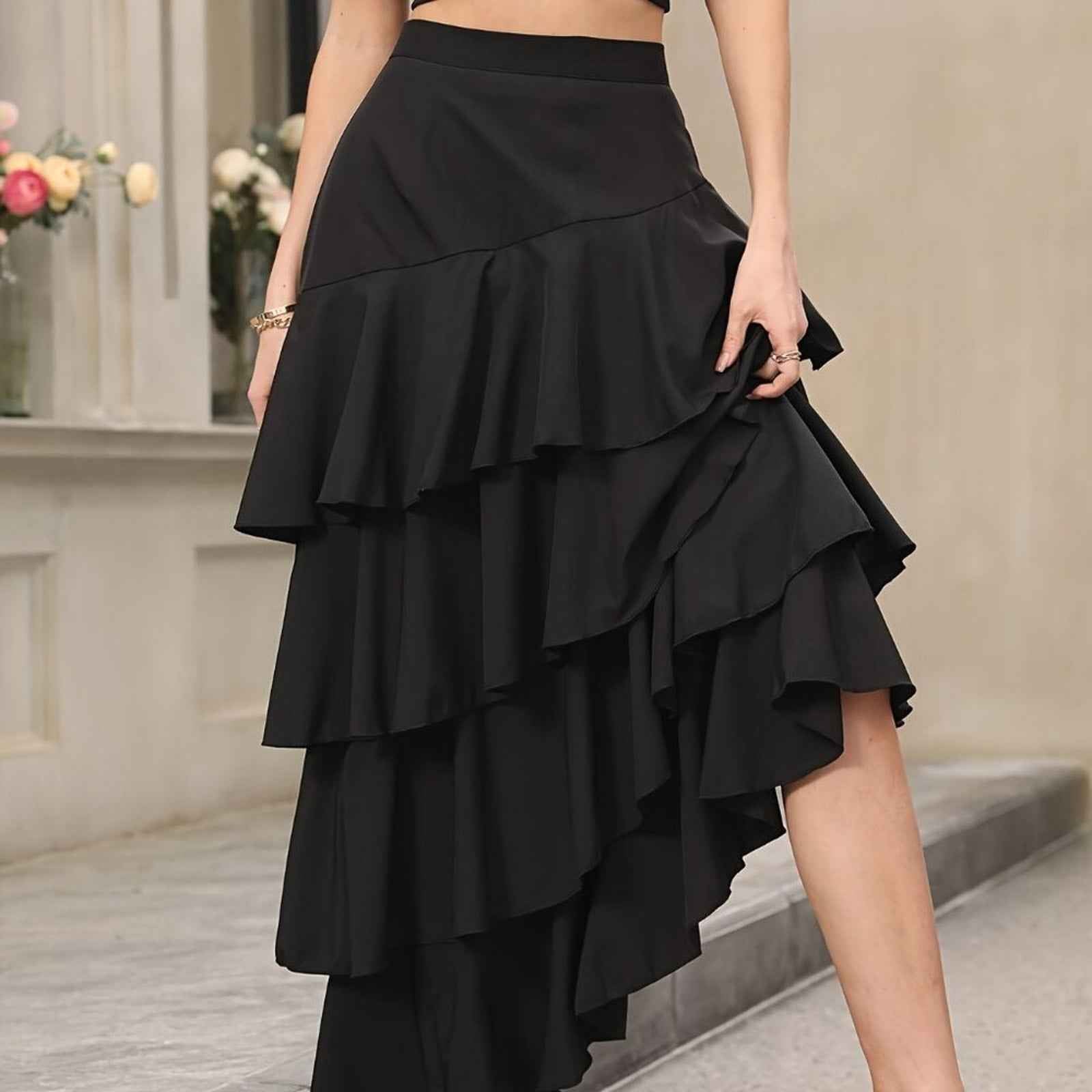 Elegant Ruffle Hem Tiered Skirt - High Waist Perfect for Womens Curvy Figure