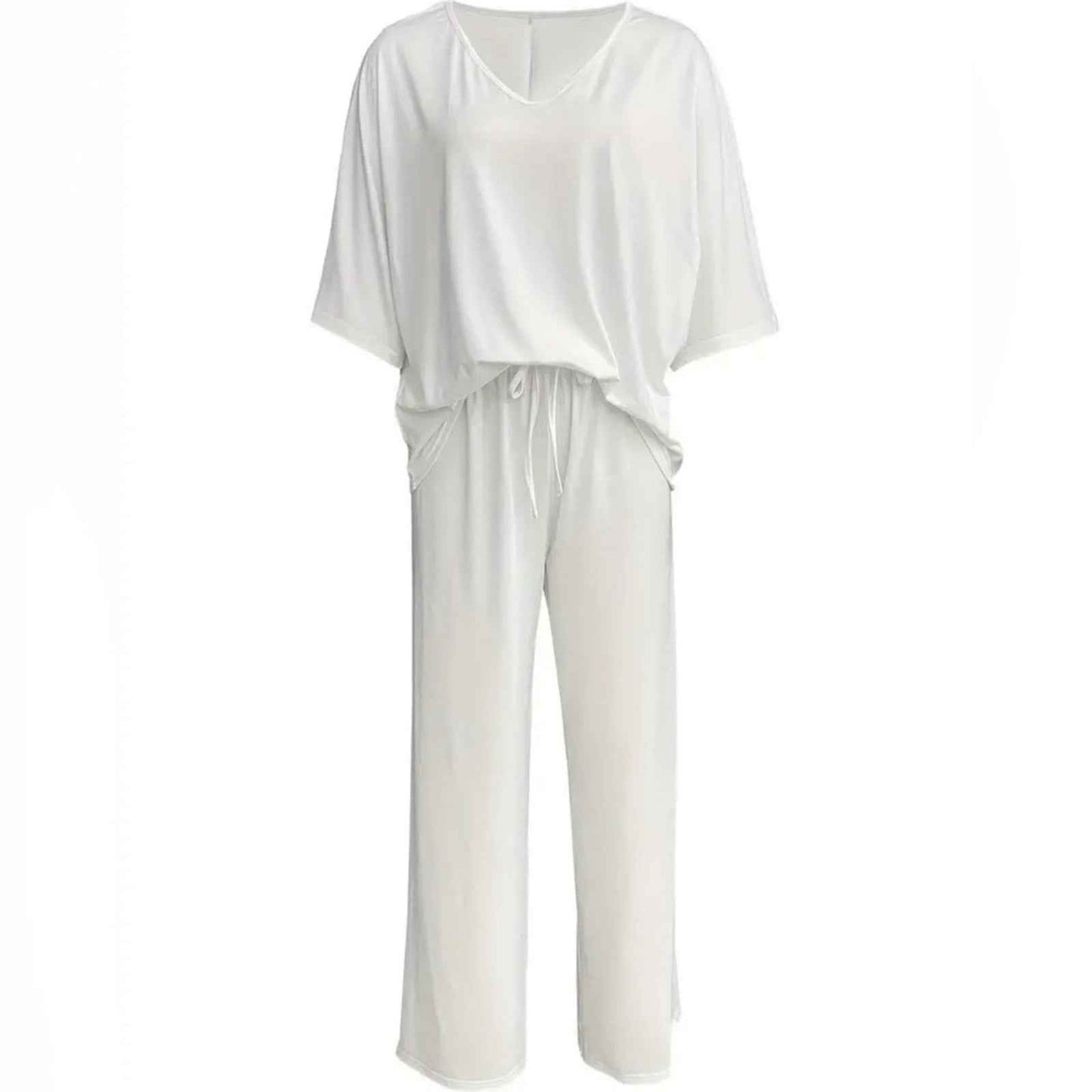 Chic White Lounge Set – Flowy V-Neck Top & Wide-Leg Pants for All White Party