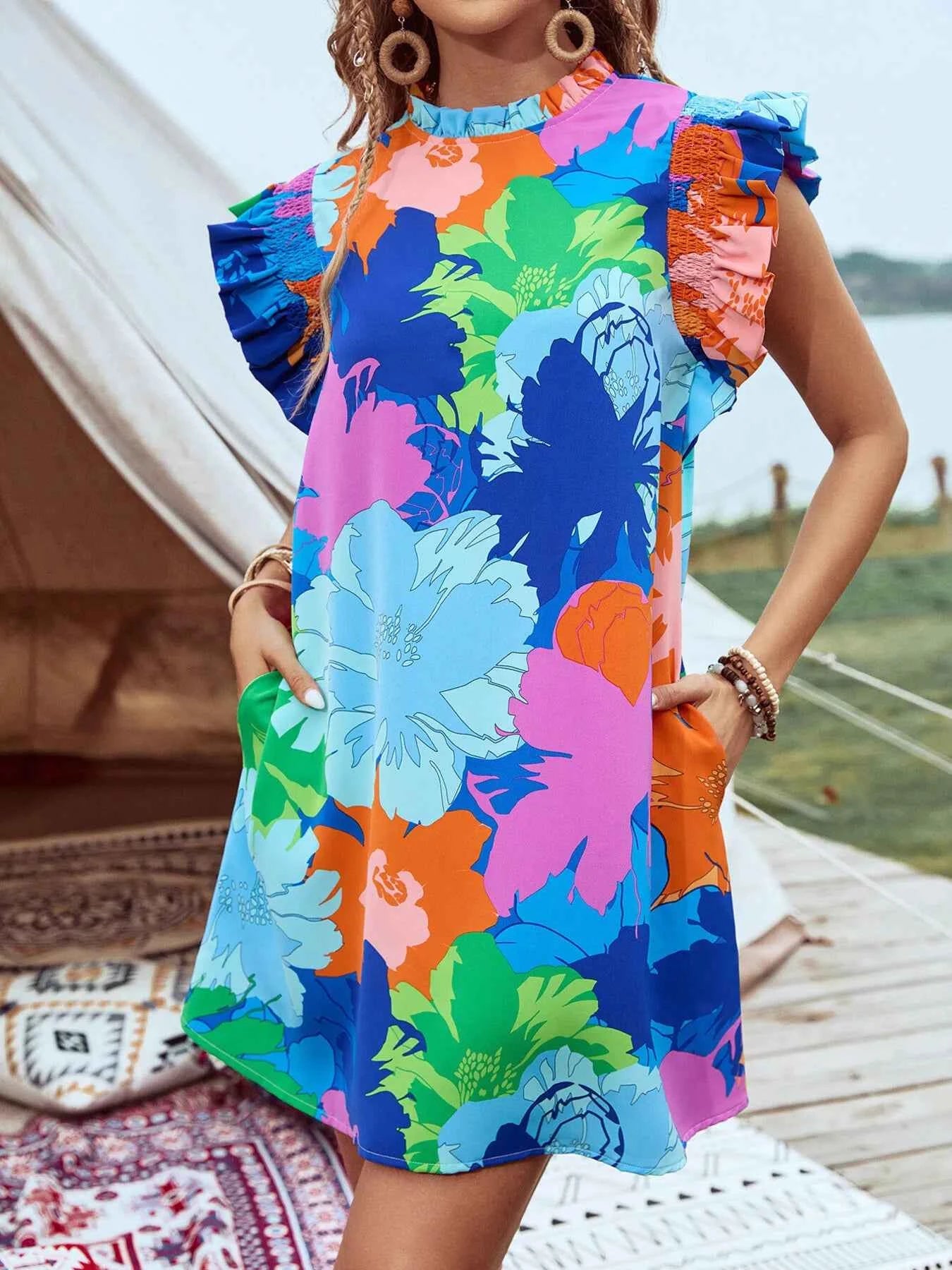 Printed Ruffled Cap Sleeve Mini Dress