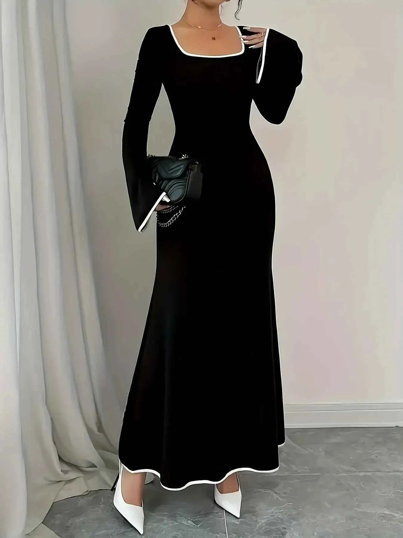 Plus Size Contrast Trim Square Neck Long Sleeve Maxi Dress