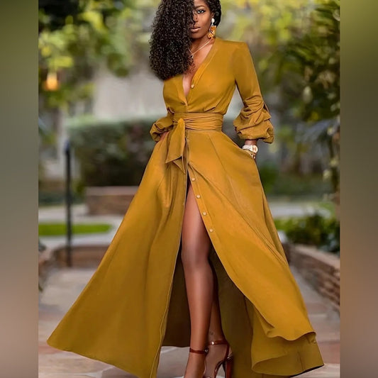 Mustard Yellow Shirting Maxi Dress with Belt – Long Sleeve Button-Down (XL)