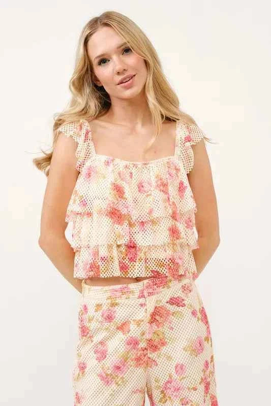 And The Why Tiered Ruffled Floral Fishnet Top