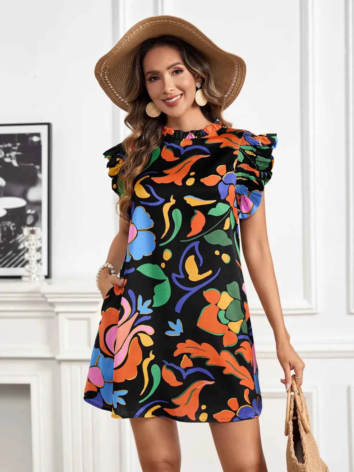 Printed Ruffle Sleeve Mini Dress