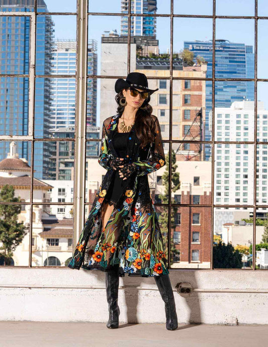 T417BK - Long Black Embroidered Sheer Duster