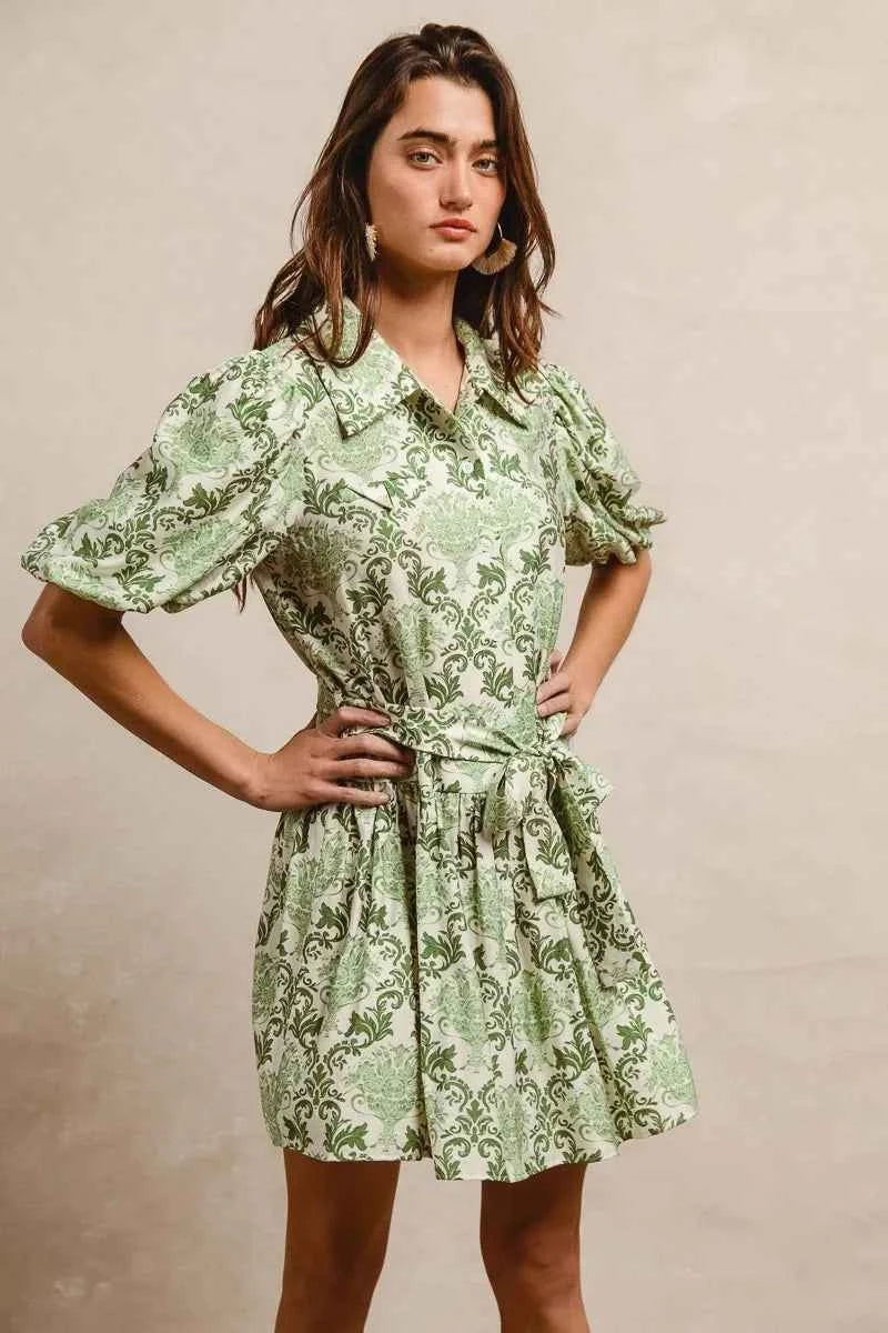 BiBi Tied Floral Short Sleeve Mini Shirt Dress