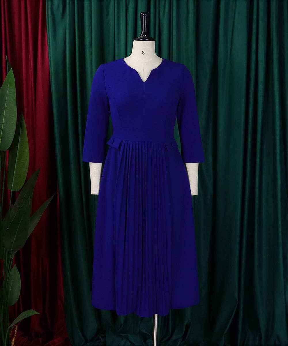 Solid Color Pleated Large Size Dress in Pink Deep Blue and Rose