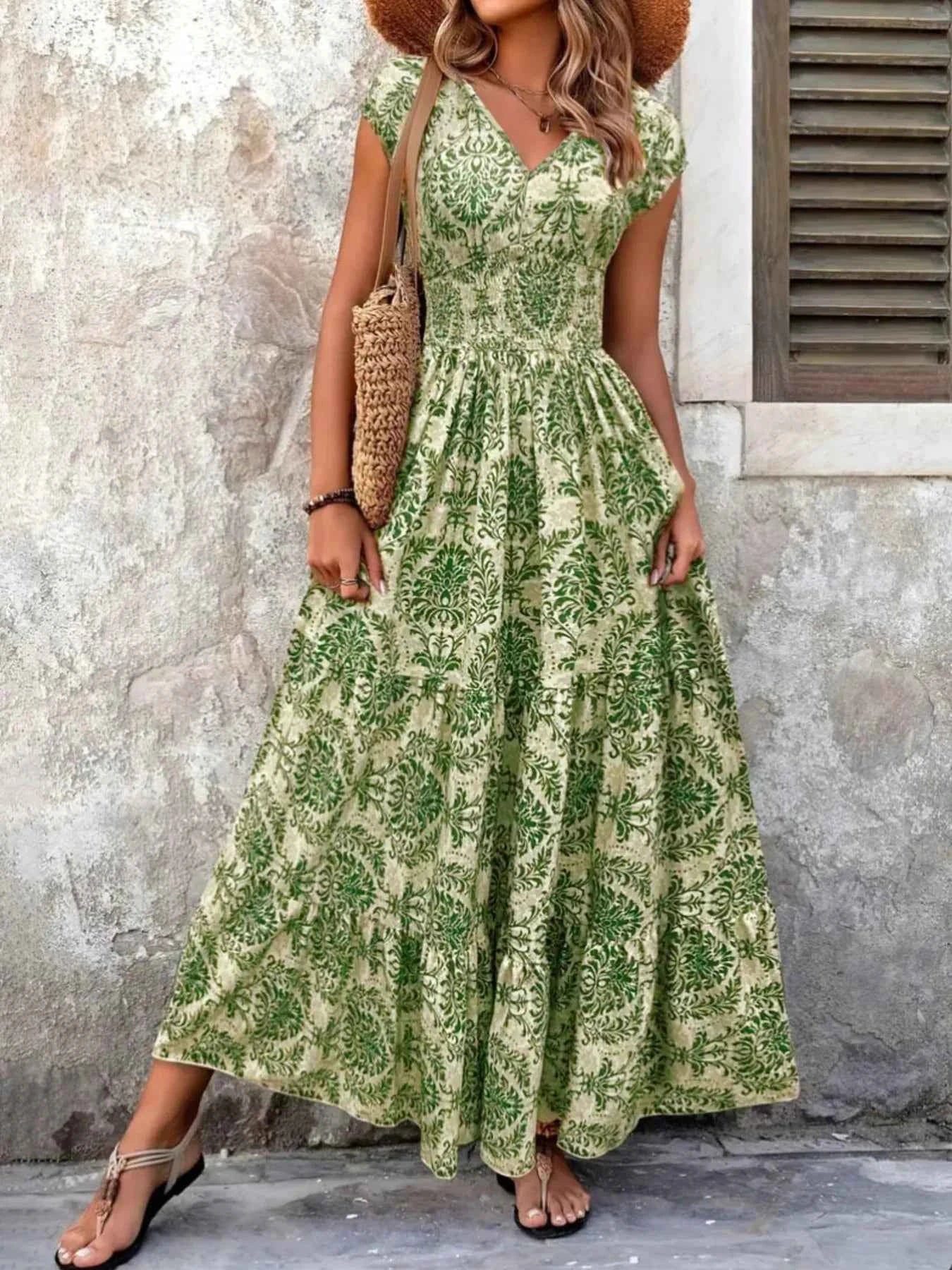 Printed V-Neck Cap Sleeve Maxi Dress