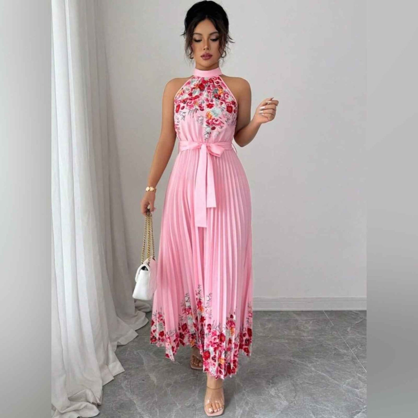 Blush Pink Pleated Floral Halter Dress | Wedding Guest Party Maxi Dress