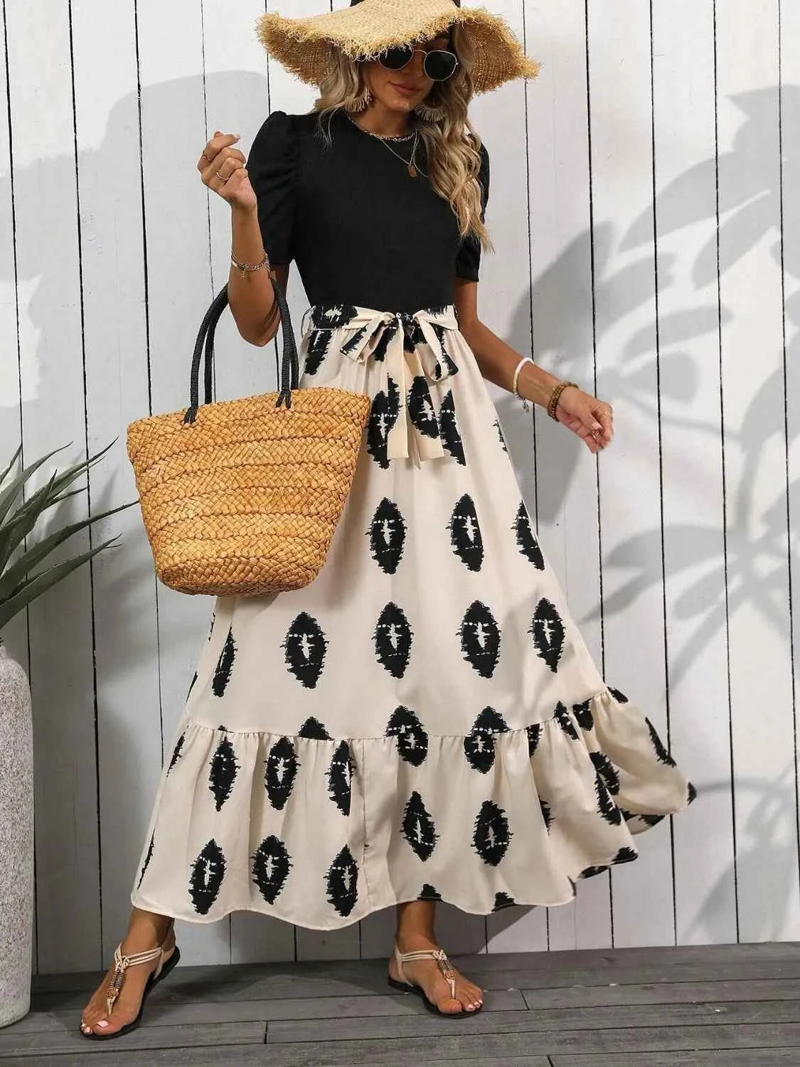 Printed Tie Waist Short Sleeve Maxi Dress