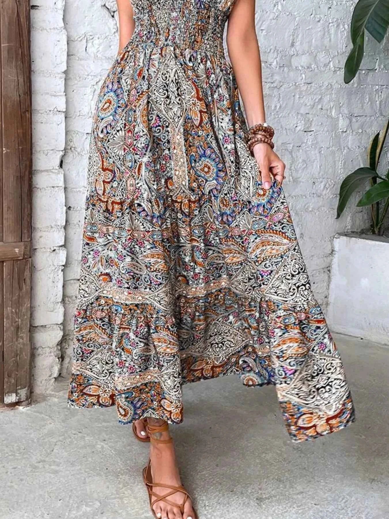 Plus Size Printed V-Neck Short Sleeve Midi Dress