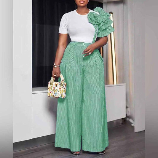 Green Chic Crew-Neck Short-Sleeved Striped Wide-Leg Pants Palazzo Set Plus Size (Copy)