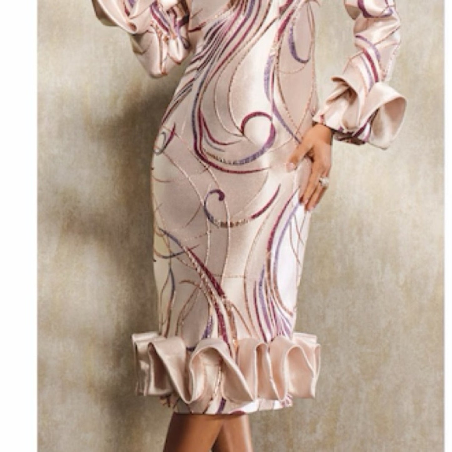 Ophilia Jacquard Sheath Dress – Champagne Elegance with Ruffle