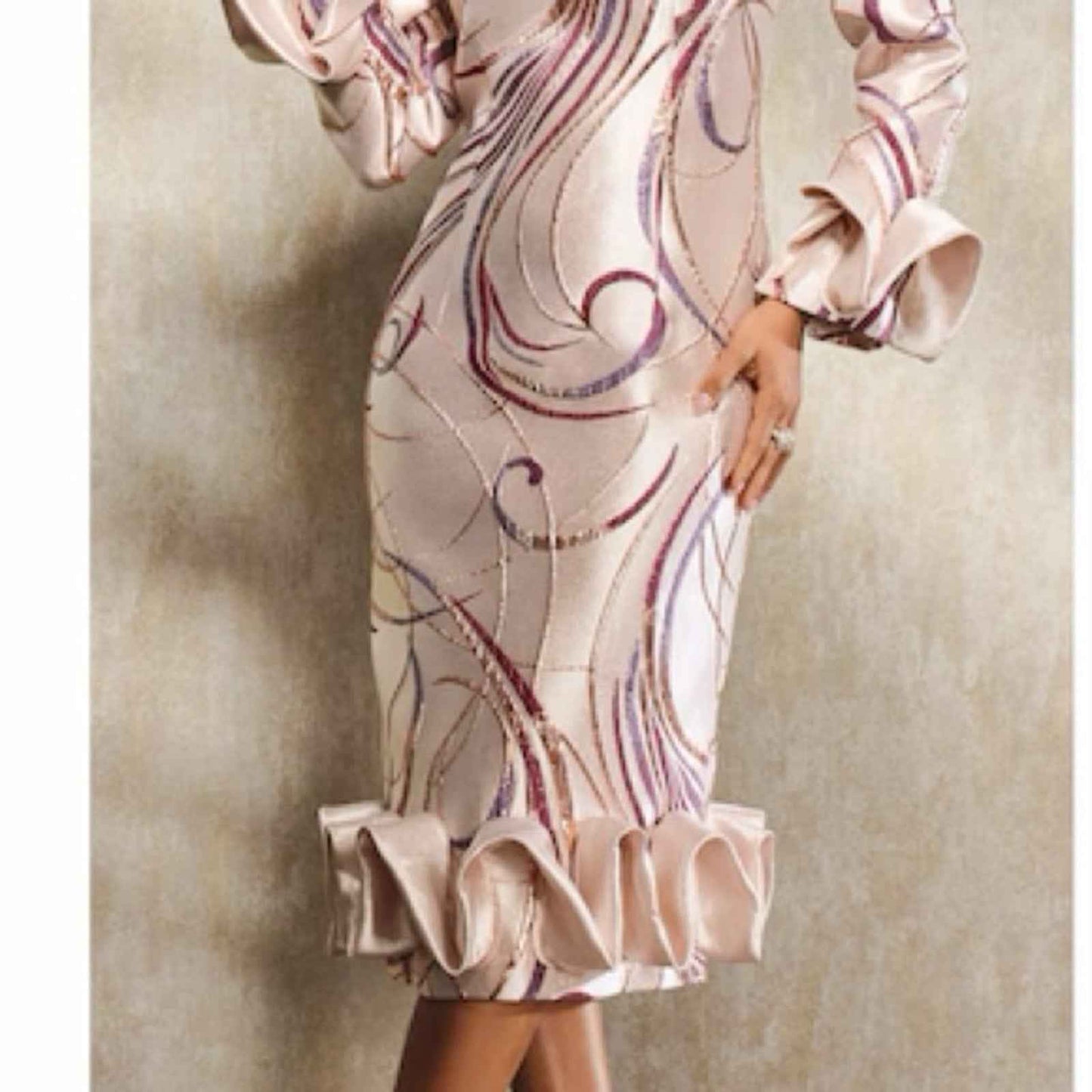 Ophilia Jacquard Sheath Dress – Champagne Elegance with Ruffle