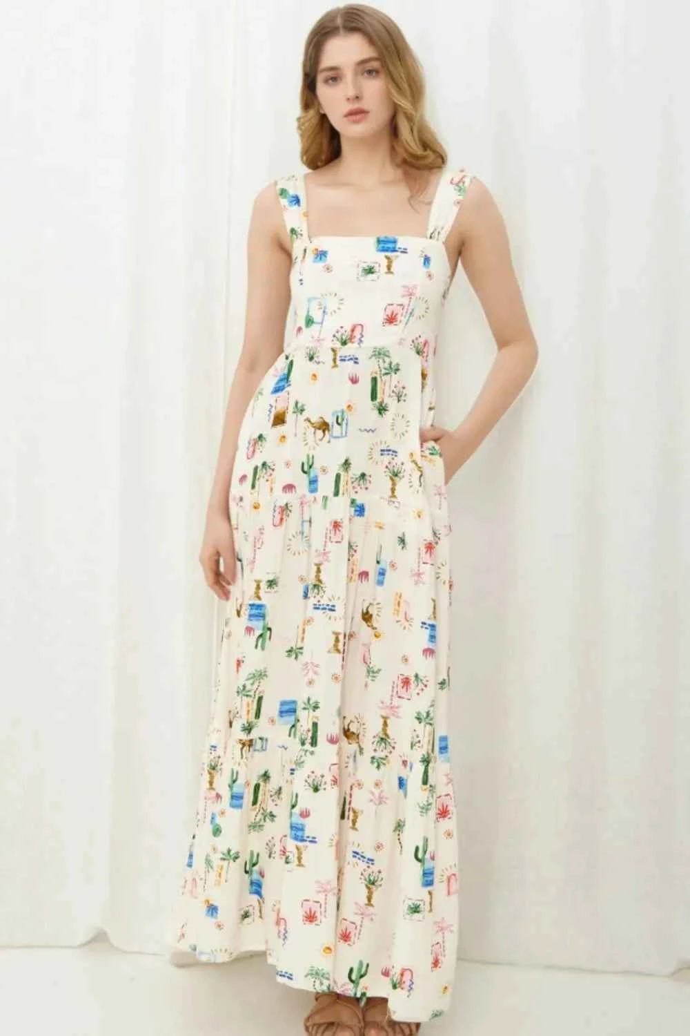 Printed Square Neck Wide Strap Maxi Dress