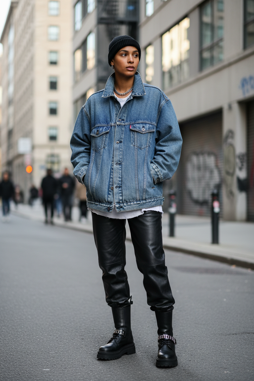 Oversized vintage blue denim jacket styled with leather pants