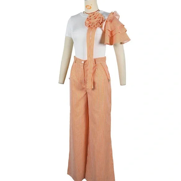 Orange Chic Crew-Neck Short-Sleeved Striped Wide-Leg Pants Palazzo Set Plus Size