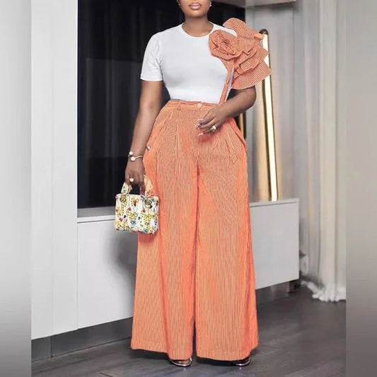 Orange Chic Crew-Neck Short-Sleeved Striped Wide-Leg Pants Palazzo Set Plus Size
