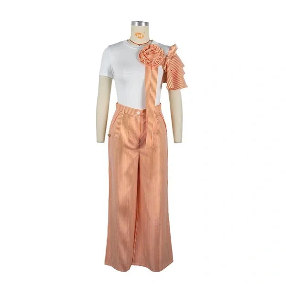 Orange Chic Crew-Neck Short-Sleeved Striped Wide-Leg Pants Palazzo Set Plus Size