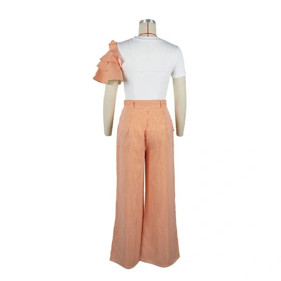 Orange Chic Crew-Neck Short-Sleeved Striped Wide-Leg Pants Palazzo Set Plus Size