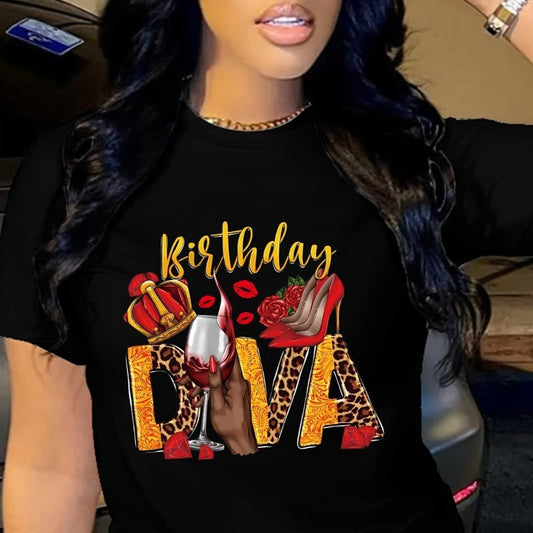 Birthday Diva Letter Print Comfortable Causal Sports T-shirt