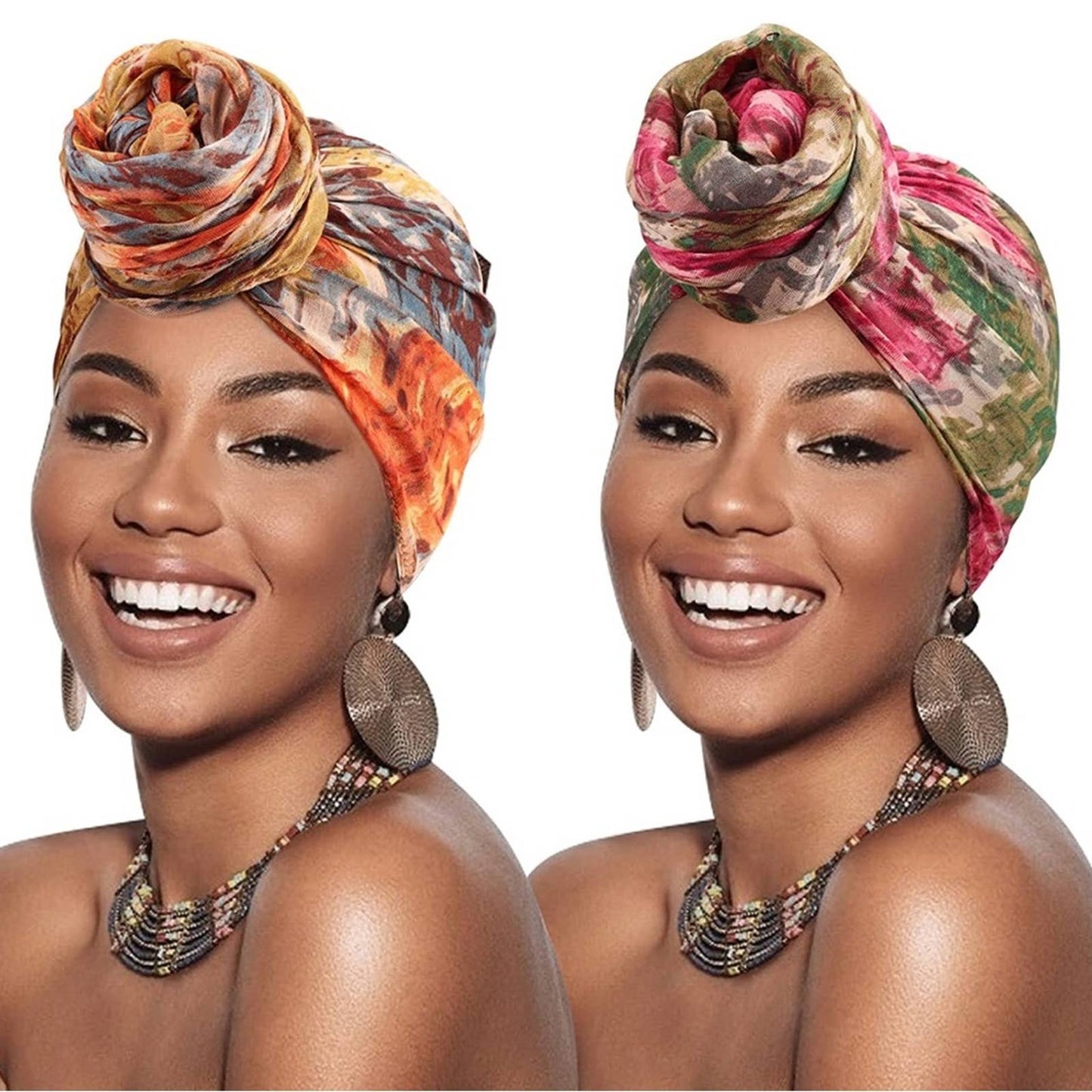 Orange Flower Print Turban Head Wraps - Passion of Essence Boutique