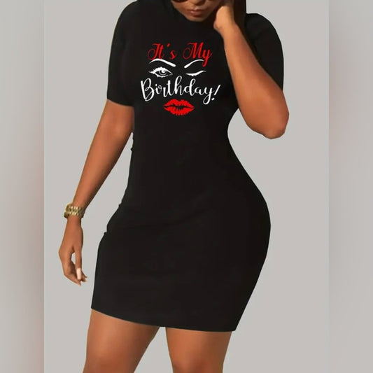Birthday T-shirt Dress, Casual Crew Neck Short Sleeve Dress